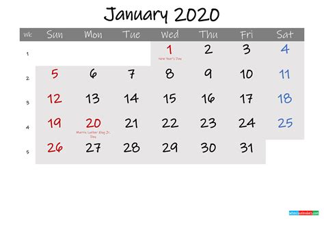 Free January 2020 Monthly Calendar Template Word Template Ink20m169