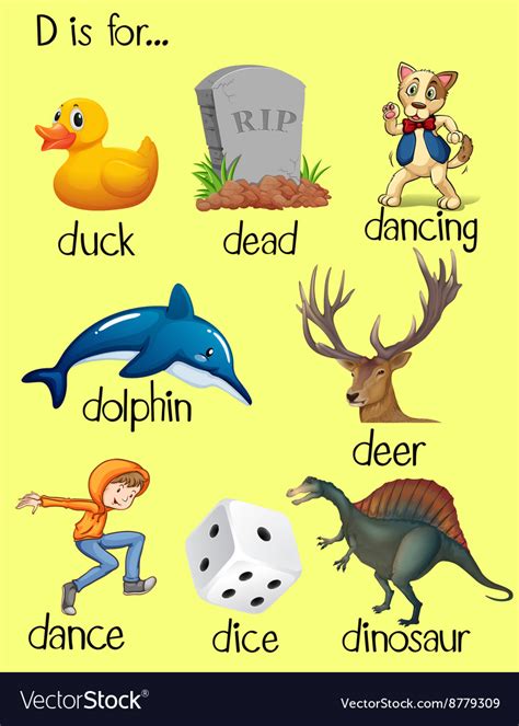 This list of 5 letter words beginning from a and ending with s alphabet is valid for both american english and british english with meaning. Words begin with letter d Royalty Free Vector Image