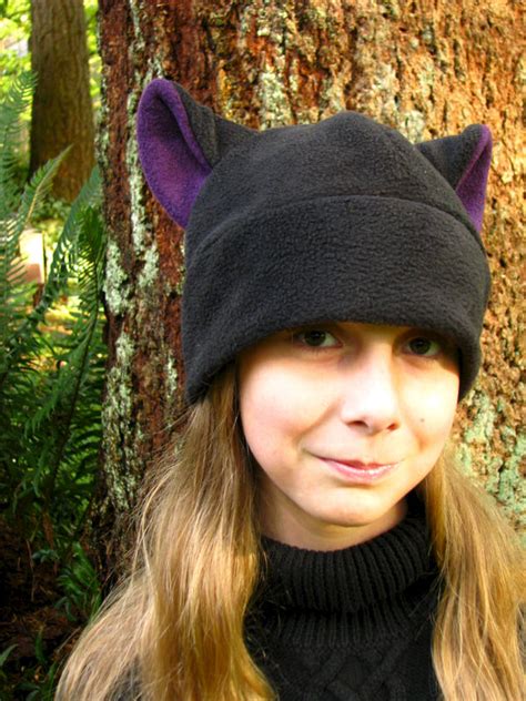 Fleece Kitty Cat Hat Black Aubergine Eggplant Purple Cat Ear Hat