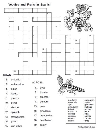 Missing letter search, crossword clue database & forum. Veggies & Fruits in Spanish EASY crossword puzzle for FREE from PrintableSpanish.com | Printable ...