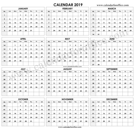 2019 Year Calendar With Week Numbers | Calendar with week numbers, Printable numbers, Template ...