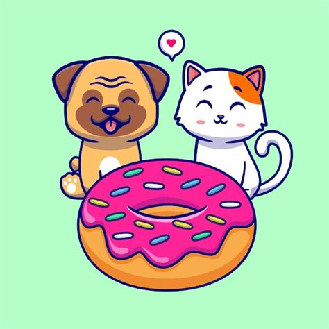Lindo Gato Y Perro Pug Comiendo Donut Juntos Dibujos Animados Vector