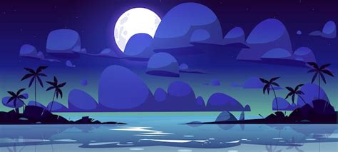 Paisaje tropical con bahía de mar por la noche ilustración de
