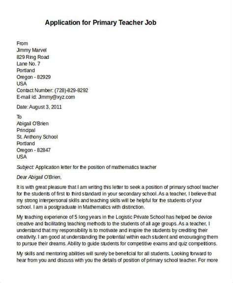 Teacher Job Application Letter