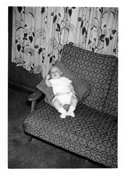 Photograph Snapshot Vintage Black White Baby Boy Diaper Couch S