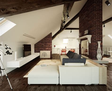 Living Room In Loft With Brick Walls Design Interior