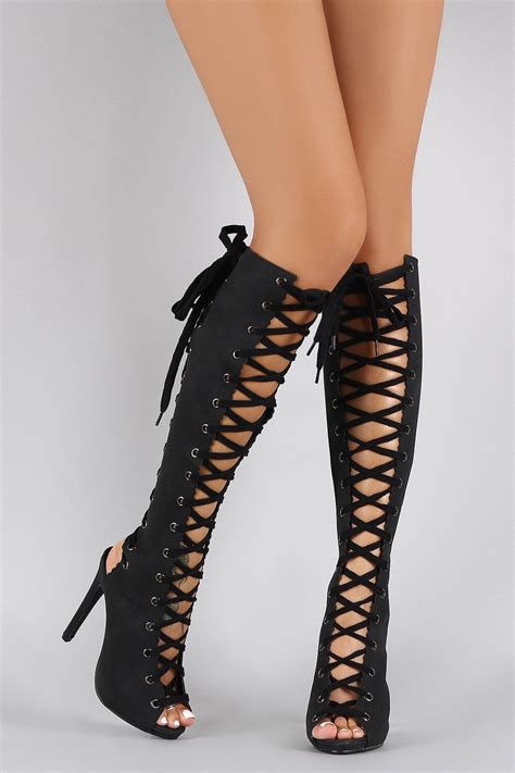 corset lace up cutout peep toe stiletto knee high boot high heel boots knee high boots
