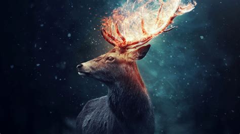 Wallpaper Artwork Deer Depth Of Field Fire Horns Digital Art