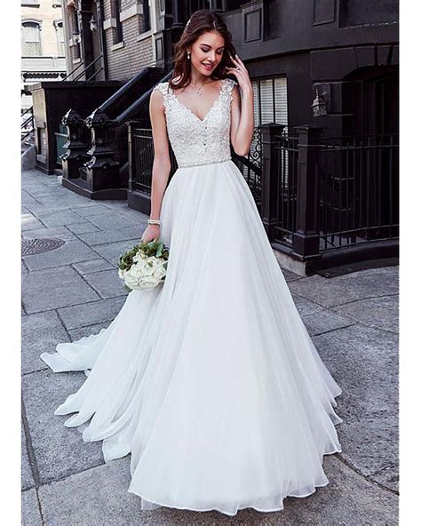 Charming Tulle And Chiffon V Neck Neckline Natural Waistline A Line Wedding Dress With Beaded Lace