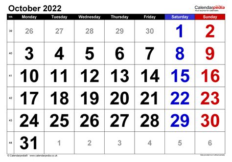 Calendar October 2022 Uk With Excel Word And Pdf Templates