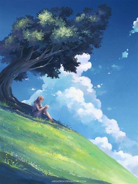 Under A Tree Upon A Hill Anime Scenery Animation Art Pictures