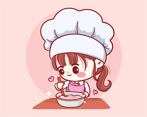 Cute Bakery Chef Girl Cooking Smiling Cartoon Art Illustration 1936427