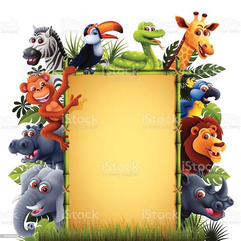 Jungle Animals With Bamboo Banner Stock Illustration
