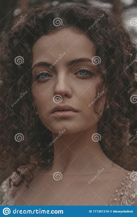 Beautiful Woman With Blue Eyes Portrait In Forest Stock Photo Image
