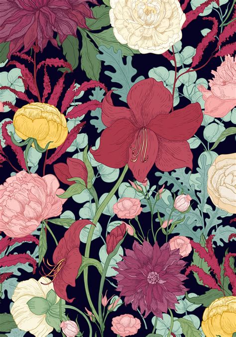 Red Floral Botanical Print Wallpaper
