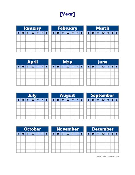 Yearly Calendar Printable Free Template