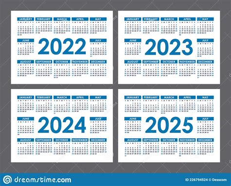 Calendar 2022 2023 2024 And 2025 Years English Vector Set
