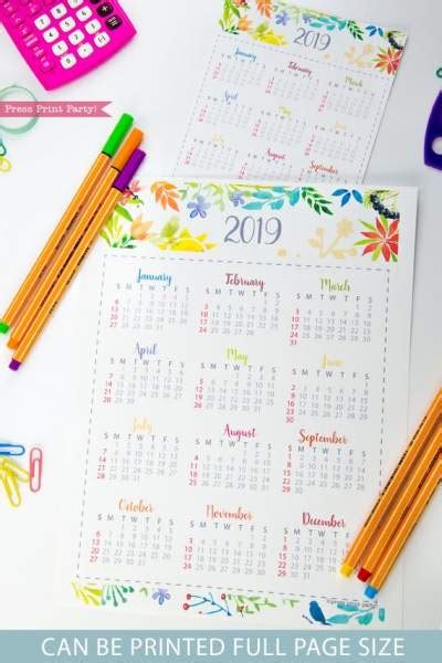 2019 Mini Calendar Printable Watercolor Design Press Print Party
