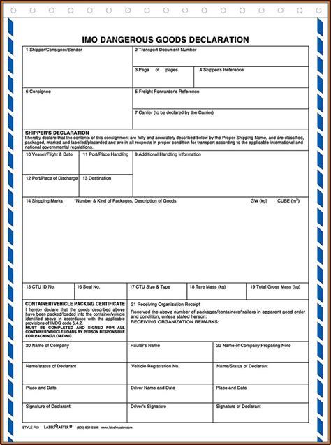 Fillable Online Imo Dangerous Goods Declaration Form Fillable Imo