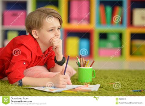 Cute Boy Drawing With Pencils Stock Photo Image Of Writing Colorful