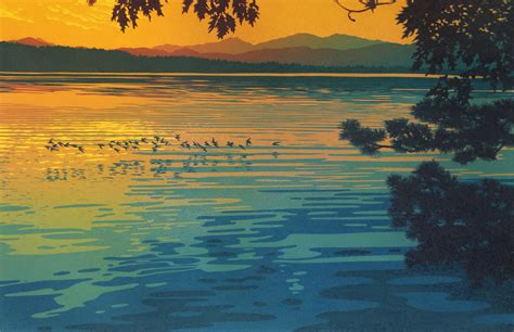 Skimming The Sunset By William Hays Linocut Print