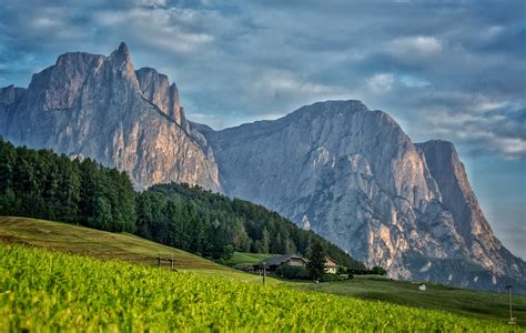 Italy Mountains Fields Forests Sky Houses Scenery Crag