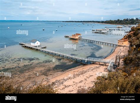Scenic Mornington Peninsula Coastline With Beautiful Wooden Piers And Sheds Sorrento Victoria