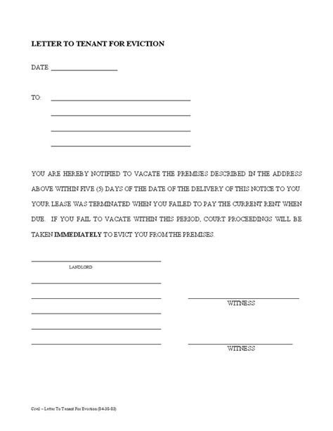 printable sample tenant  day notice  vacate form