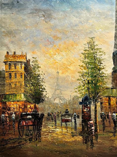 Vintage Large Scale Parisian Street Scene Original Oil On Canvas Pain