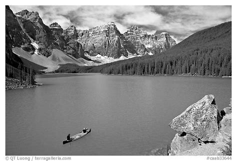 Black And White Picturephoto Canoe And Wenkchemna Peaks Moraine Lake Mid Morning Banff