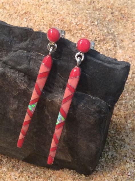 Native American Sterling Earrings Inlaid Red Pink Coral So Pretty In