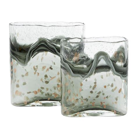 Litton Lane Gray Handmade Blown Glass Decorative Vase With Speckled Wave Design Set Of 2 83378