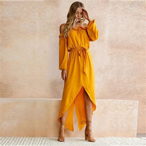 Slash Neck Off The Shoulder Ruffles Tunic Maxi Long Sleeve Dress Neckline Slash Neck Sleeve