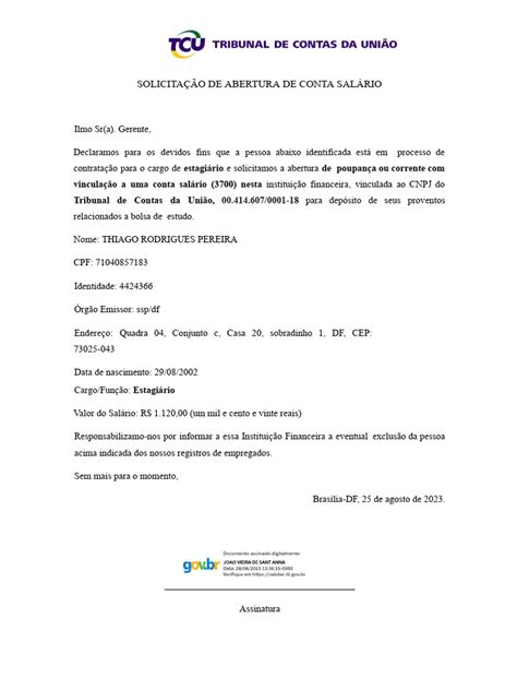 Carta De Abertura De Contas Thiago Rodrigues Pereira Assinado Pdf