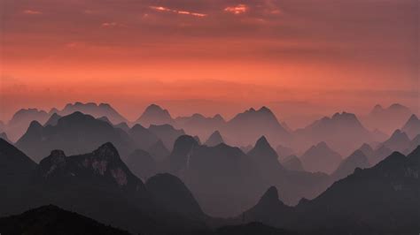 Nature Landscape Sunrise Mountains Mist Pink Sky Guilin