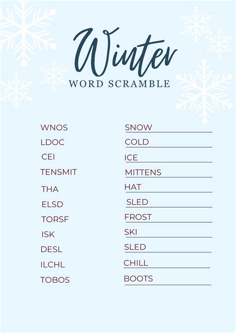 Free Printable Winter Word Scramble Kids Game —