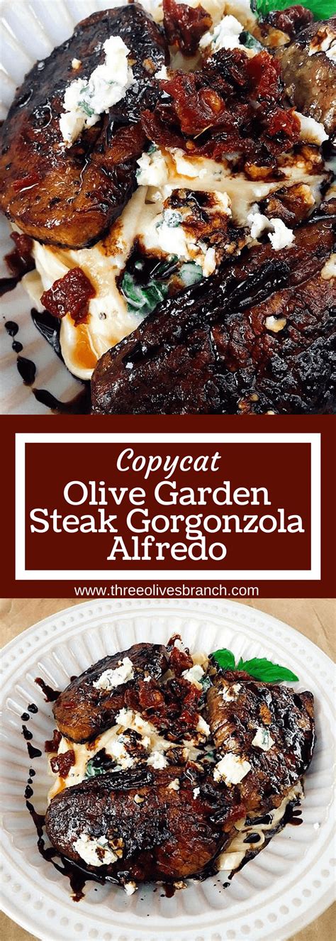 Grilled steak, topped with gorgonzola cheese, and served with a creamy plate late of pasta with alfredo sauce. Copycat Olive Garden Steak Gorgonzola Alfredo - Three ...