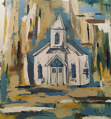 Church In The Woods Original 20x24 Abstract Acrylic Painting On