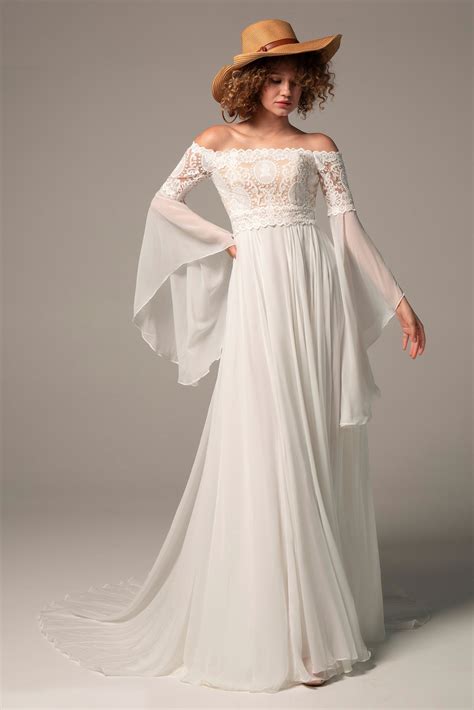 A Line Off The Shoulder Chiffon Lace Bell Sleeve Lace Up Corset Wedding