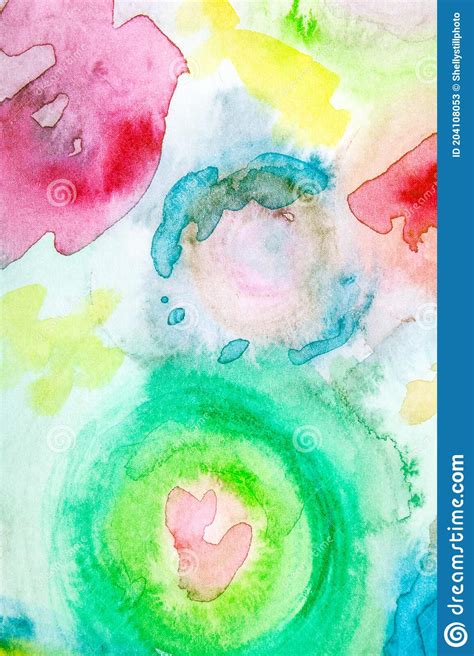 Vibrant Abstract Watercolour Rainbow Circles On White Background Stock