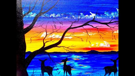 Beginners Acrylic Painting Tutorial Deer And Sunset Lake Silhouette