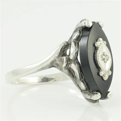 Silver Onyx Ring Vintage Sterling Marquise Black Onyx And Diamond