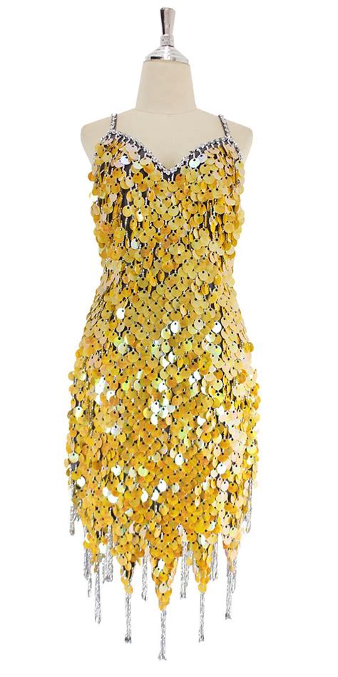 short handmade sequin dress in yellow pearl paillette sequins with silver beads on a jagged and
