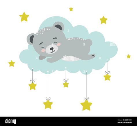Bear Sleeping On Cloud Baby Animal Concept Illustration For Nursery