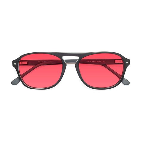 Matte Black Grandpa Acetate Aviator Tinted Sunglasses With Red Sunwear Lenses 17416 Tinted