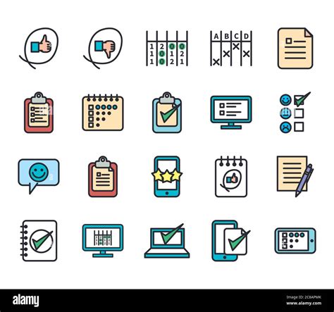 Questionary Line And Fill Style Icon Set Design Survey And Exam Theme