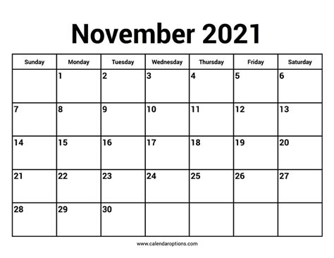 November 2021 Calendars Calendar Options