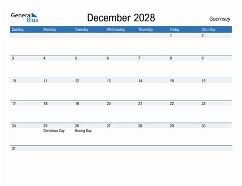 Editable December 2028 Calendar With Guernsey Holidays
