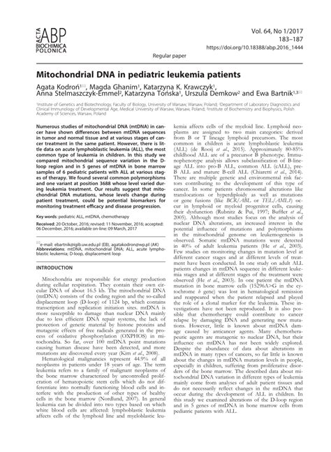 Pdf Mitochondrial Dna In Pediatric Leukemia Patients