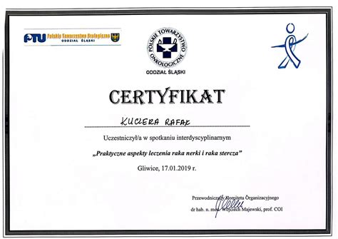 Certyfikaty Urolog Rybnik Rafał Kuczera